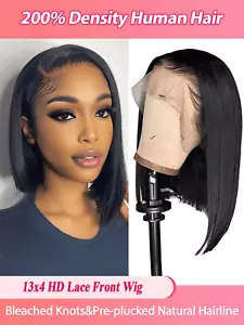 13x4 HD Lace Bob Wig - 200% Density Straight Human Hair, Glueless - Picture 1 of 18