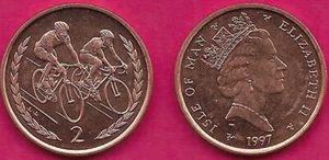 ISLE OF MAN 2 PENCE 1997 IRB-AA UNC 2 BICYCLISTS PAIR RACING RIGHT,ENWREATHED,Ri - Picture 1 of 1