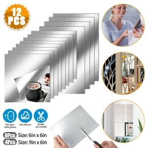 12PCS Self Adhesive Mirror Reflective Wall Sticker Film Paper Home Kitchen Decor - Picture 1 of 8