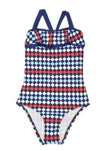 SPLENDID LITTLES GIRLS MOSAIC ONE PIECE SWIMSUIT CROSS BACK BLUE SZ 12 NEW! $64 - Picture 1 of 2