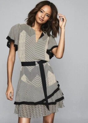 Reiss Hannah Zig-Zag Print Black Neutral Tiered Dress Size 10 Mini Stylish Smart - Image 1 of 4