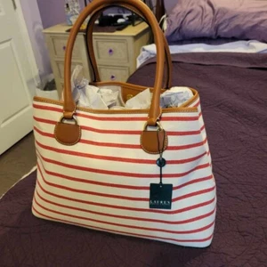 Borsa donna Ralph Lauren grande stile tote nuova - strisce marroni e rosse - Foto 1 di 3
