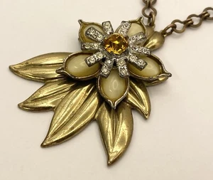 Unsigned Pennino 1930s Flower Necklace Choker Rhinestone Yellow White Brass - Picture 1 of 10