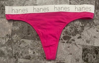 NWOT HANES 6/M PINK WHITE THICK LOGO WAISTBAND COTTON BLEND THONG PANTIES - Image 1 of 3