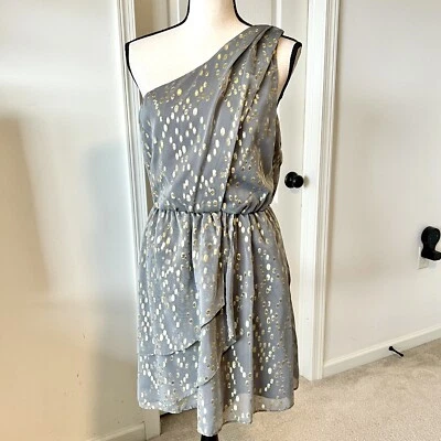 BCBGENERATION Gray And Gold Metallic One Shoulder Ruffled Fit & Flare Dress—SZ 6 - Image 1 of 4