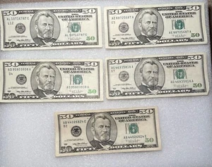 Lot of 5 Series 1996 $50 Fifty Dollar Bill Old Bank Currency Circulated See Desc - Picture 1 of 7