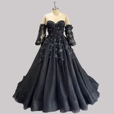 黑色婚礼礼服女士新娘可拆卸袖口甜心 3D 花 — 第 1/4 张图片