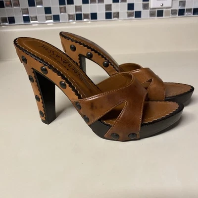 Sandalias YSL Rive Gauche Coñac Cuero Tostado Plataforma Madera 36 Años 90 Vibraciones Tachuelas Foto 1 de 4