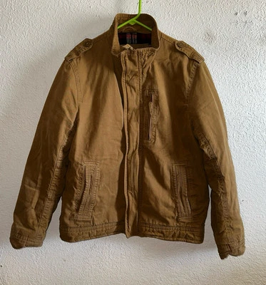 Men’s American Eagle Brown Canvas Flannel Lined Red Plaid Full Zip Jacket Size L - Image 1 of 4