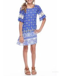 My Michelle Girls Blue Border Print Cold Shoulder 3/4 Sleeve Shift Dress Size 10 - Picture 1 of 5
