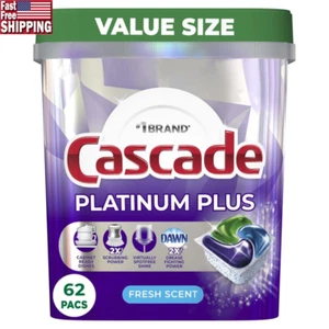 Dishwasher Pods Platinum Plus 62 Count Powerful Cleaning Action Pacs Fresh Scent - Picture 1 of 10