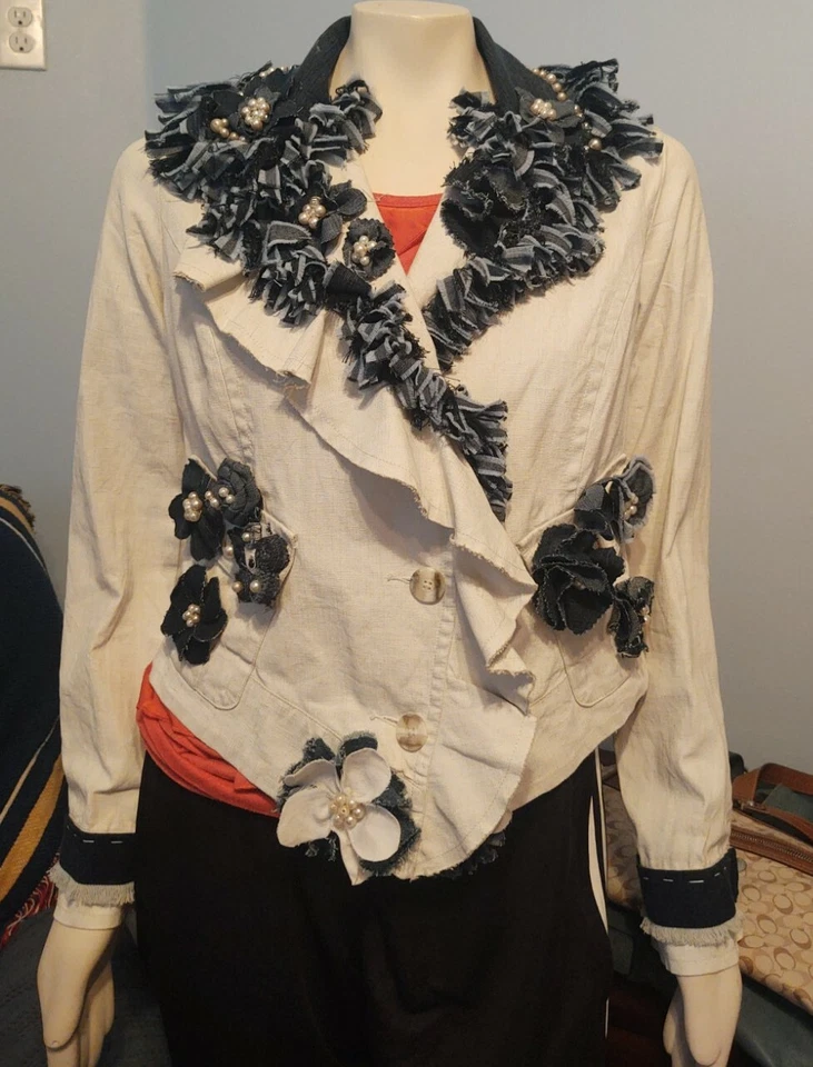 CAbi Cream Jacket Repurose With Denim flowers Big Buttons- Denim Ruffle Collar - Image 1 of 4