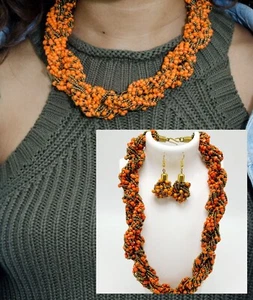 Chunky Twisted Sead Beaded Necklace And Earrings Set Orange And Gold - Picture 1 of 12