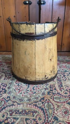 Best Antique Early Primitive Wood Well Bail Bucket Old Mustard Paint 12.5" - Image 1 of 4