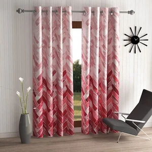 Geometrical Panel Eyelet Polyester Door Curtains - 7 Feet, Maroon 2 Pieces - Picture 1 of 5