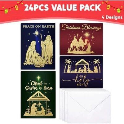 BRANDED 24 PCS Religious Christmas Greeting Cards with Envelopes 4 Designs Boxed Set for