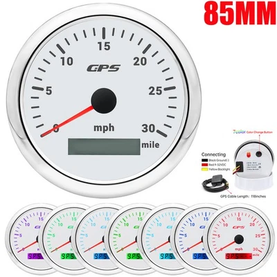 85mm Waterproof GPS Speedometer 0-30MPH 7 Colors LED For Motorcycles Boat Car - Image 1 of 4