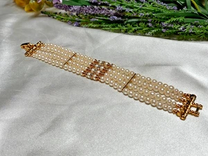 Fantastic Four Row Simulated Pearl Rhinestone Vintage Fashion Costume Bracelet - Picture 1 of 13