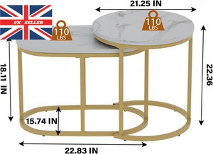 Set of 2 Round Nesting Coffee Tables with Gold Frame & White Marble Top, 21/23in - Picture 1 of 11