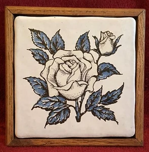 Vintage Wood Framed Ceramic Tile Hot Plate Trivet Rose Decoration Kitchen Decor - Picture 1 of 3