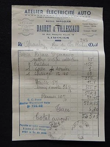 Facture atelier électricité auto. Daudet & Villessaud. Limoges baroclem 1947 - Picture 1 of 1