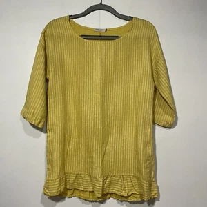 Leinen Top Damen klein gelb weiß Streifen Rüschensaum Lungo L'arno Italy Boho - Bild 1 von 8