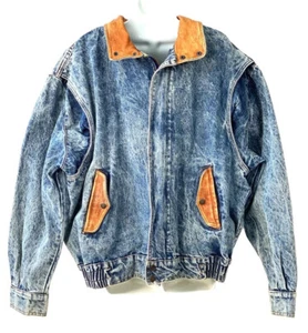Vintage 90s Mens Denim Jacket Leather Trim Jean Large Trucker Bomber Retro VTG L - Picture 1 of 10