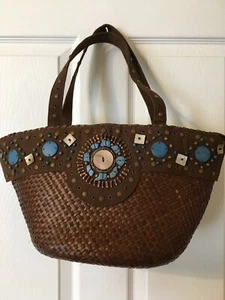 MADE IN ITALY "Calypso" braun gewebt mit intelligenten blauen Akzenten Beuteltasche/Schultertasche - Bild 1 von 10