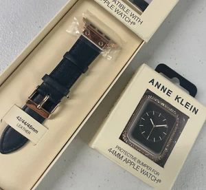 Anne Klein Leather Watch Band for Apple 44mm NAVY/ROSE GOLD and CRYSTAL BUMPER - Picture 1 of 9