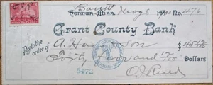Herman, postfrisch 1900 Scheck mit Umsatzmarke - Grant County Bank - Minnesota Minnesota - Bild 1 von 1