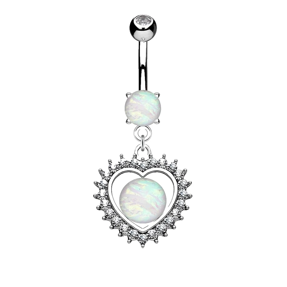 Anillos de ombligo de acero quirúrgico colgante brillo ópalo sintético corazón circonita cúbica B537 Foto 1 de 1