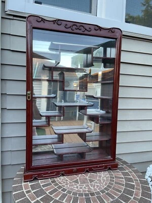 Armario China Vintage Curio Bloqueo Puerta Vidrio Montaje en Pared 18 Estantes Espejo Trasero Foto 1 de 4