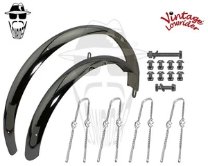 Vintage Lowrider 26" Classic Std Balloon Black Fender Set Twisted Style Braces. - Picture 1 of 8