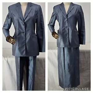 Blue 3 Piece Silk Suit Women's Size 4 Rena Rowan 2 Button Top Slacks Long Skirt - Picture 1 of 24