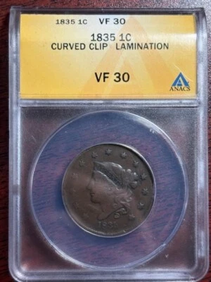 1835 Coronet Head Large Cent 1c Coin ANACS VF-30 Curved Clip Lamination! - Image 1 of 4