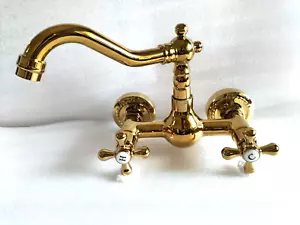 Bathroom Faucet Wall Mounted Brass Gold Tap Sink Kitchen Mixer Swivel Spout AUW - Picture 1 of 13
