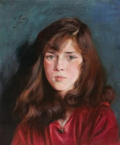 Charles PERRIN tableau portrait petite fille enfant yeux verts huile années 1920 - Imagen 1 de 7