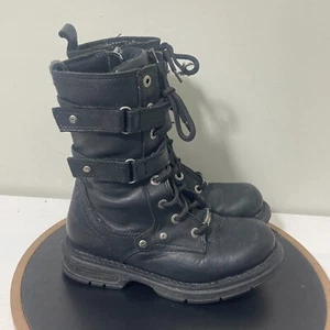 Harley-Davidson Combat Biker Boots Women 7.5 Black Leather Lace Up Side Zip - Picture 1 of 10