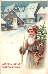 1907 Vestaglia Marrone Babbo Natale con Giocattoli Passare Case Cartolina Natale - Foto 1 di 2