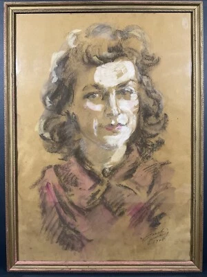 Retrato de mujer firmado enmarcado vintage aprox. 1948 dibujo pastel sobre papel  Foto 1 de 4
