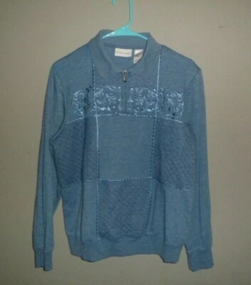 Alfred Dunner Blue Quilt Patch Pattern Shoulder Padded Sweater Medium #Pink4 - Image 1 of 3