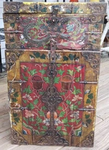 Tibetan Style Painted Polychrome Leather Box Trunk Chest Buddhist Manji Dragon - Picture 1 of 24