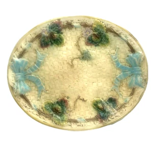 Antique Majolica Large Platter Cream Basketweave with Blue Bows Strawberry Vine - Picture 1 of 12