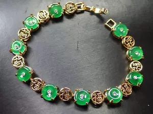 Yellow Gold Plate Green JADE *Fu* Circle Donut Bangle Bracelet 297547 - Picture 1 of 6