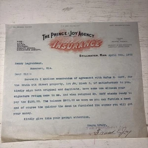 Prince-Joy Agency Insurance (Stillwater, MN) Apr 5, 1902 Correspondence - Picture 1 of 6