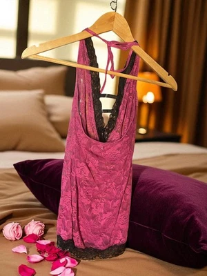 See Through Lace Lingerie Velvet Kitten Size M Pink Floral Design Black Trim - Image 1 of 4