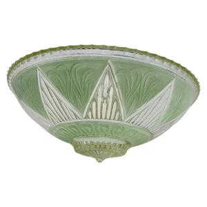 Plafoniera vintage Art Decò vetro paralume verde menta bordo perline 3 fori - Foto 1 di 7