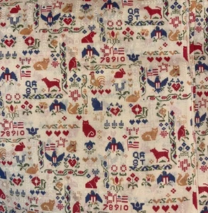 VTG Fabric Cross Stitch Print Sampler Country Folk Art on Cream 5 Yds - Picture 1 of 8