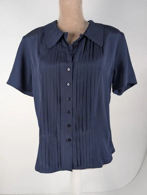 Blusa vintage de seda pintuck abotonada azul marino talla 14 sin existencias dinero antiguo clásica  Foto 1 de 4