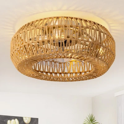 Ventilador de techo de ratán boho de 20" con luz y ventilador de techo de montaje empotrado remoto Foto 1 de 4